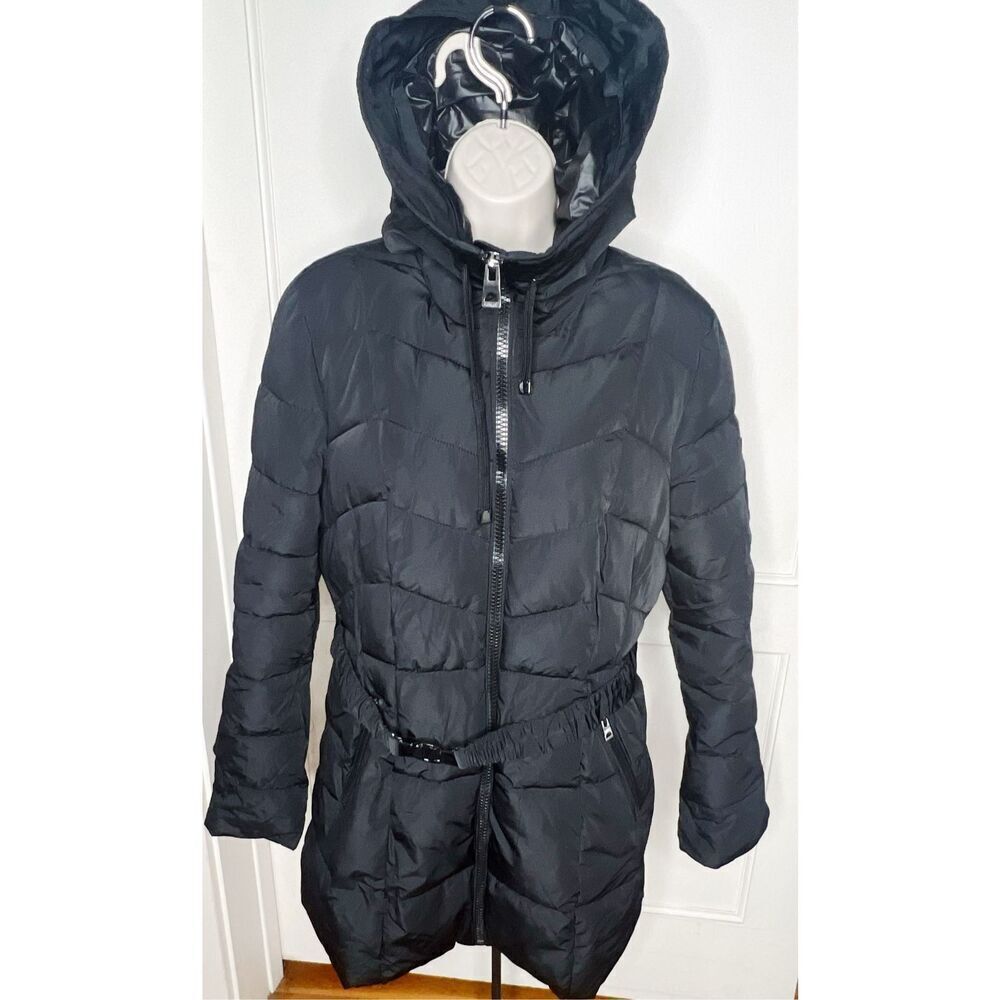 Guess Belted puffer Jacket with Hood Black Size Large